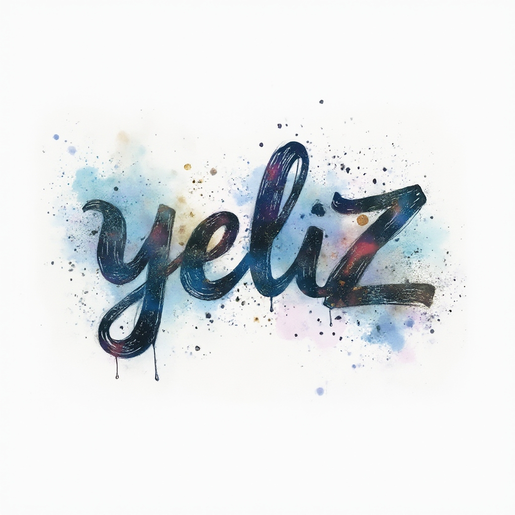 Watercolor galaxy-inspired tattoo concept where the name yeliz is formed by flowing colorful brush-stroke letters on white background.
