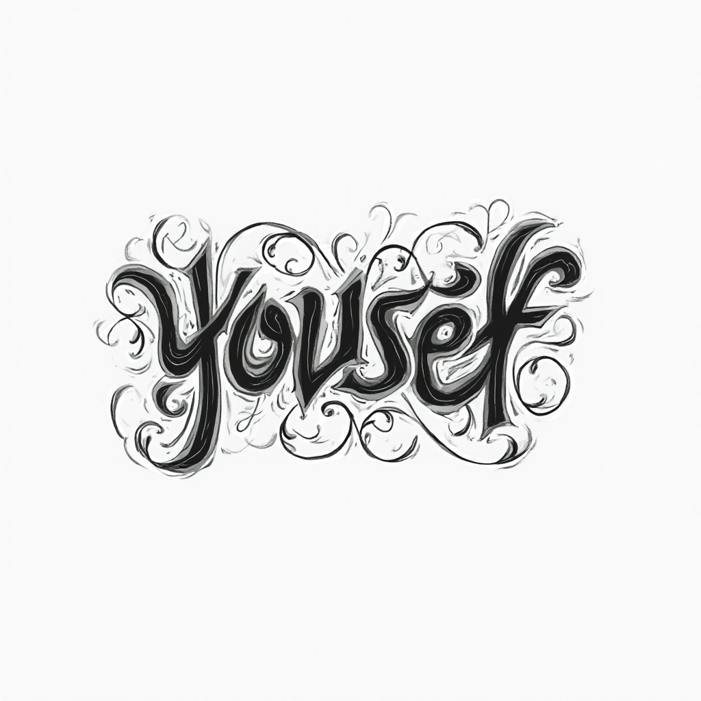 Intricate abstract emblem tattoo concept forming the name yousef in stylized lettering on white