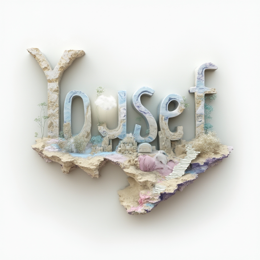 Surreal 3D dreamscape lettering forming the name yousef on a white background