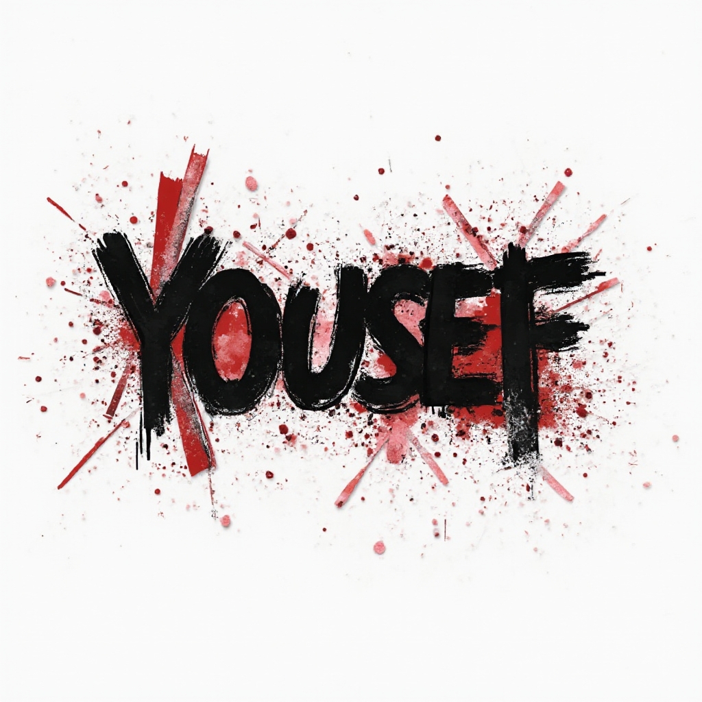 Trash Polka style black and red tattoo concept forming the name yousef on a white background