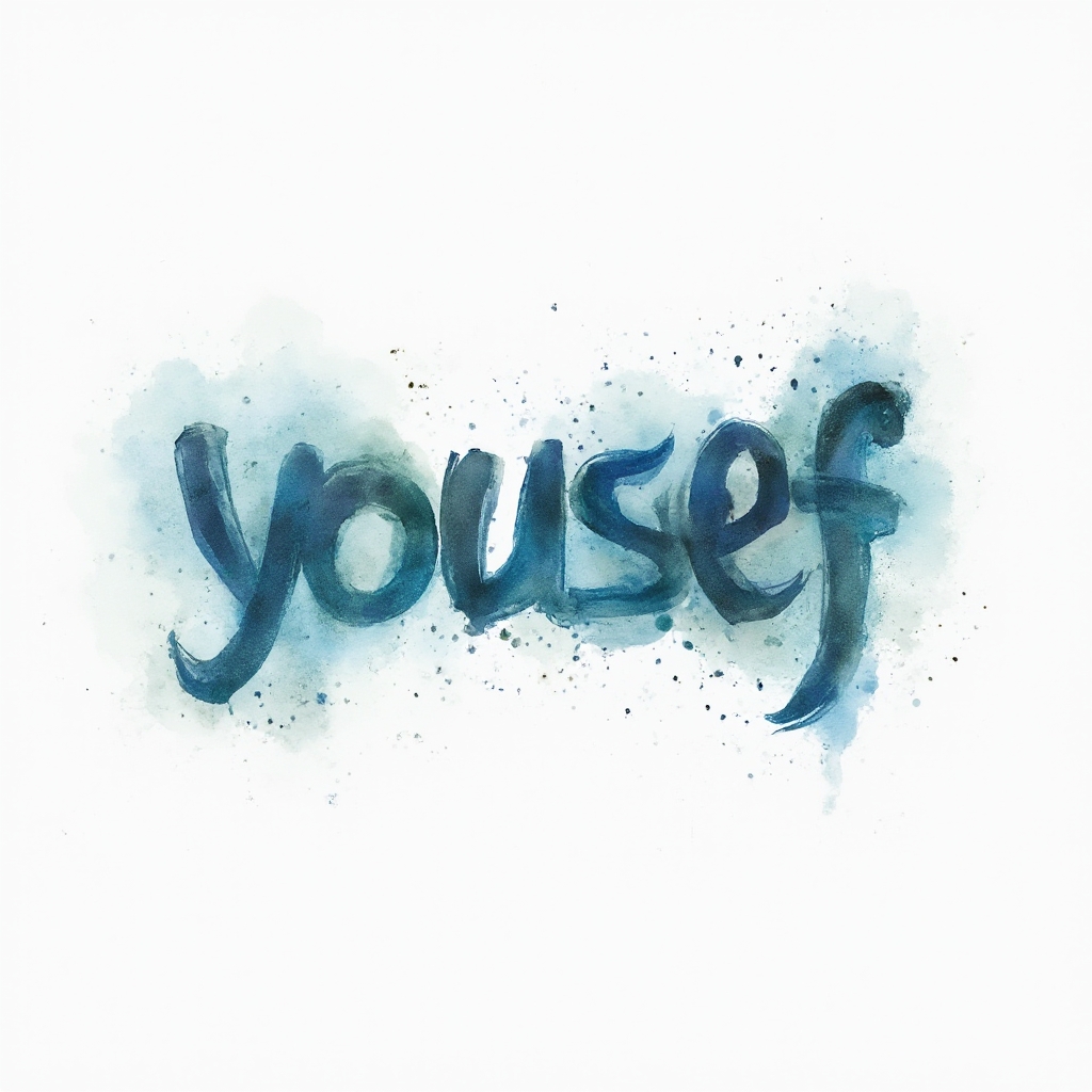 Watercolor brushstroke tattoo concept forming the name yousef with ink splashes on white background