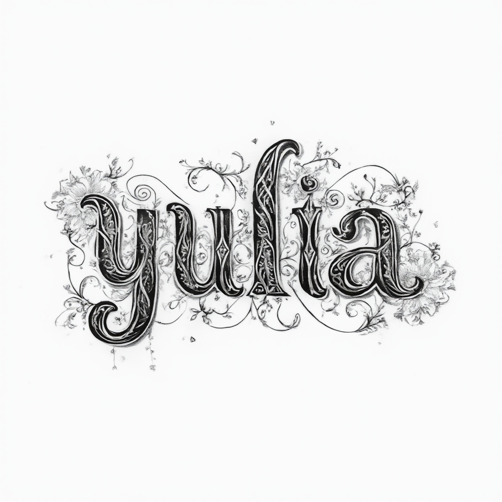 Ornamental blackwork tattoo concept where the name yulia is built from intricate decorative lines on white