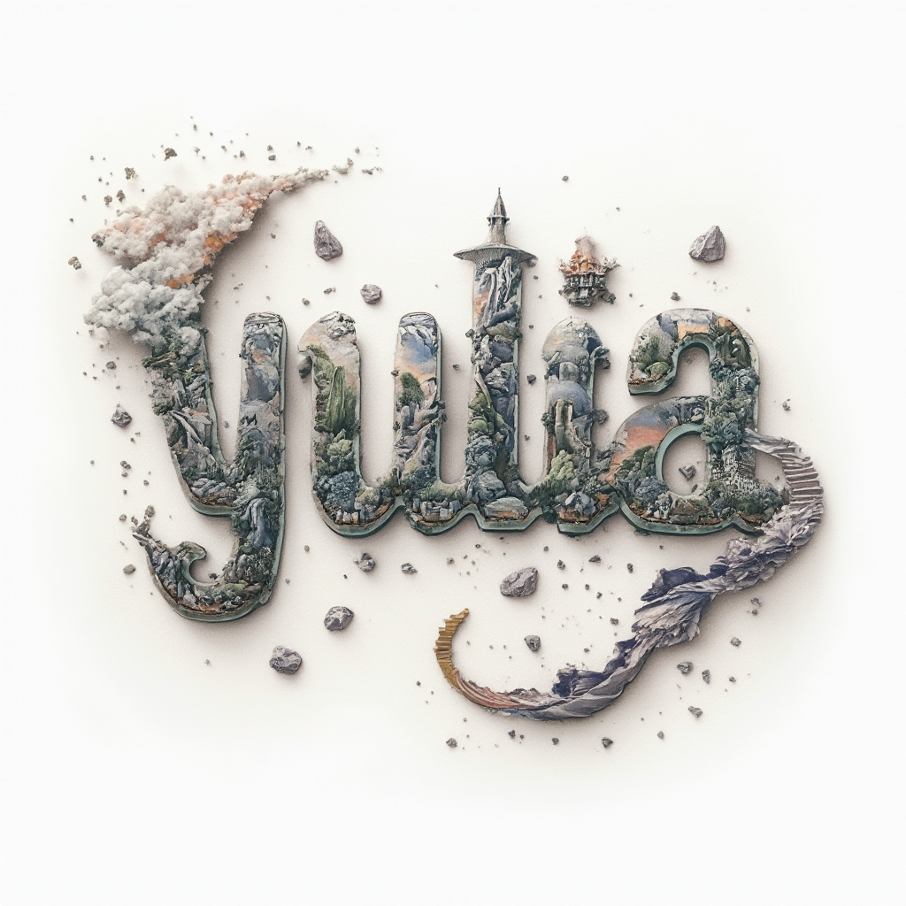 Surrealist tattoo concept where the letters of yulia morph into dreamlike abstract structures on white