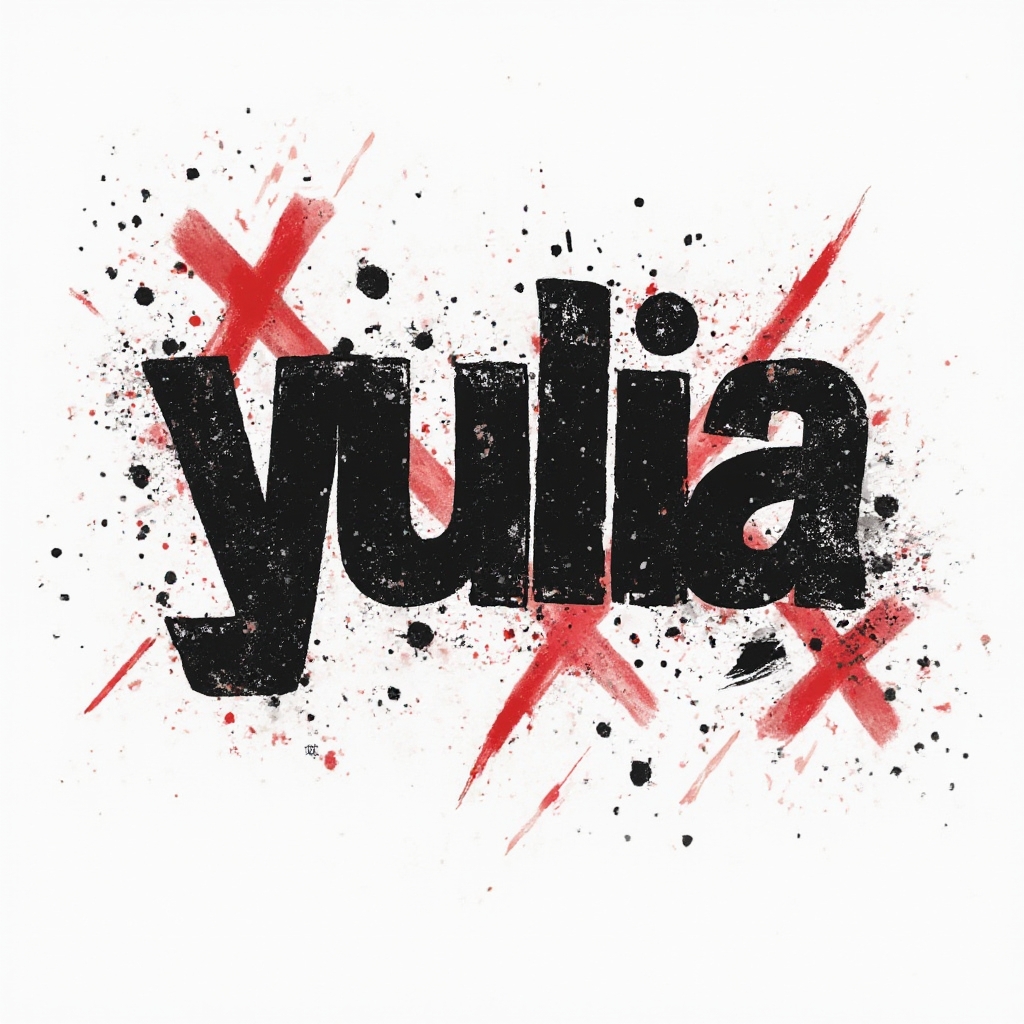 Trash Polka tattoo design of the name yulia with bold black strokes, red accents, and grunge textures on white