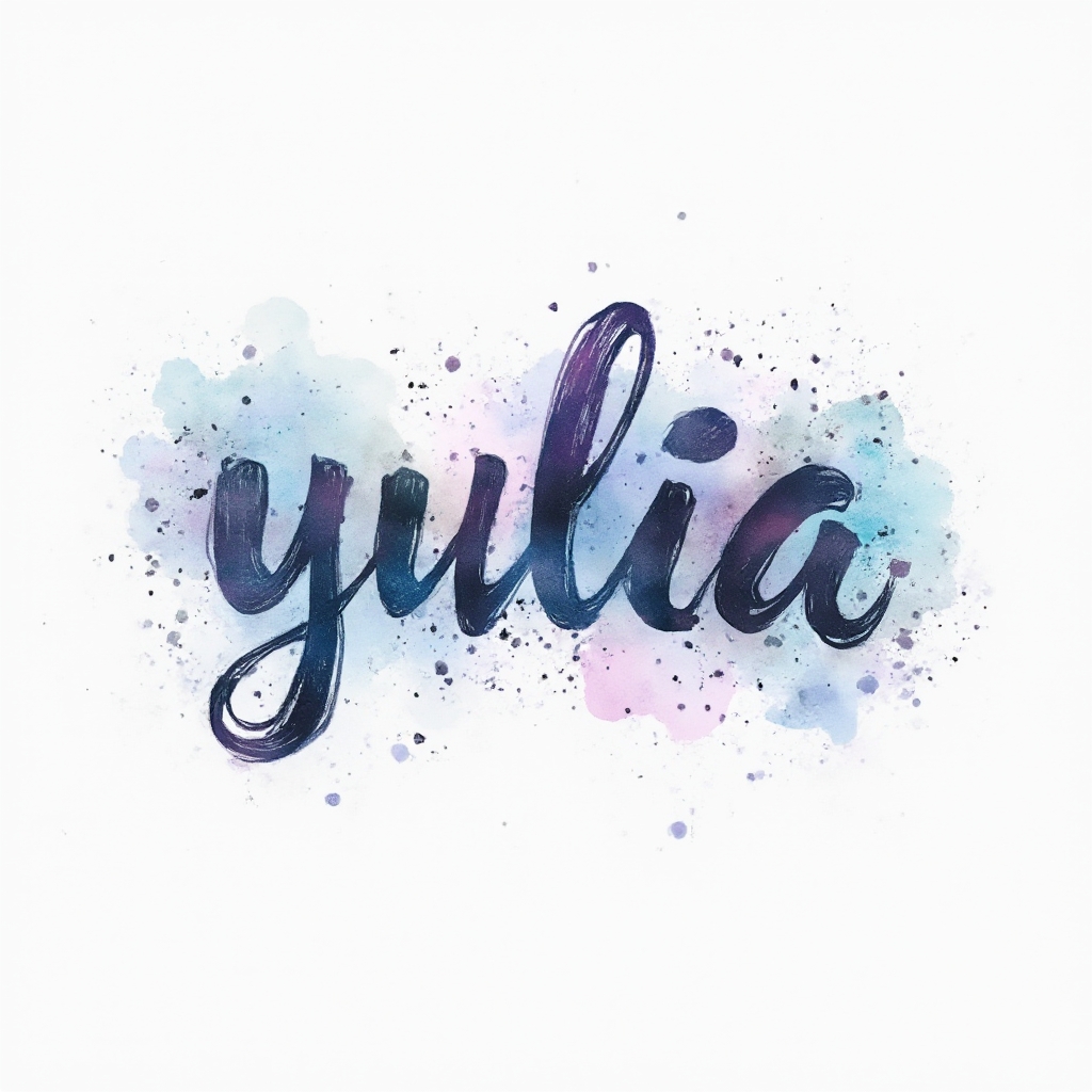 Watercolor tattoo design of the name yulia in flowing multicolor paint on a white background