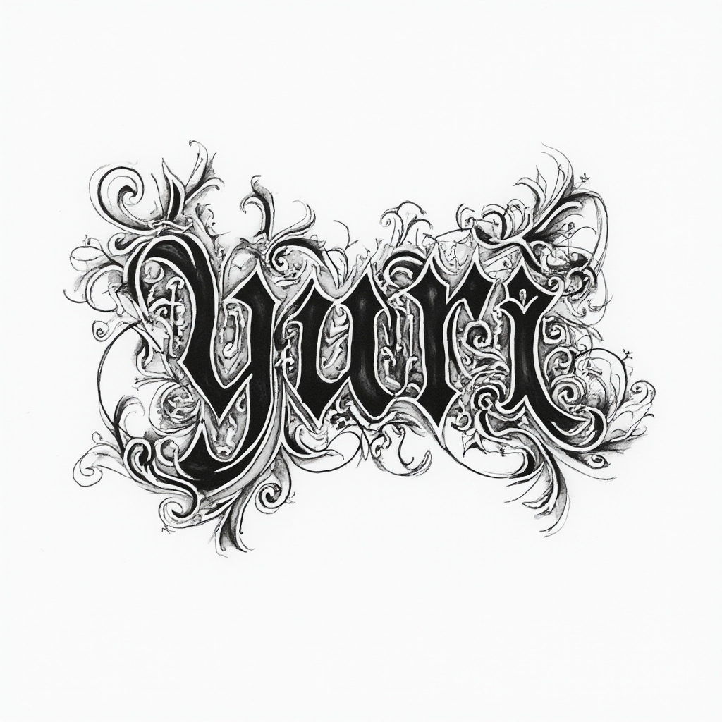 Abstract ornamental tattoo concept where the name yuri forms decorative interlocking letter-shapes on white background.