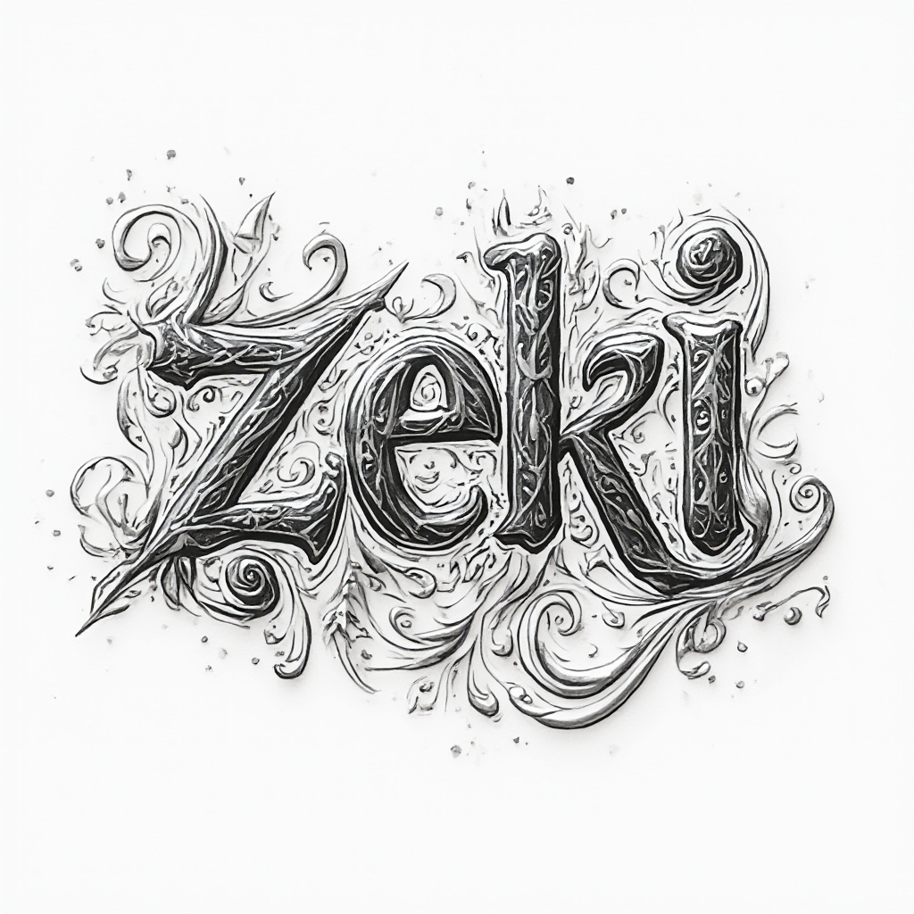 Ornamental tattoo concept where the name zeki appears as intricate, flowing black filigree letters on a white background.
