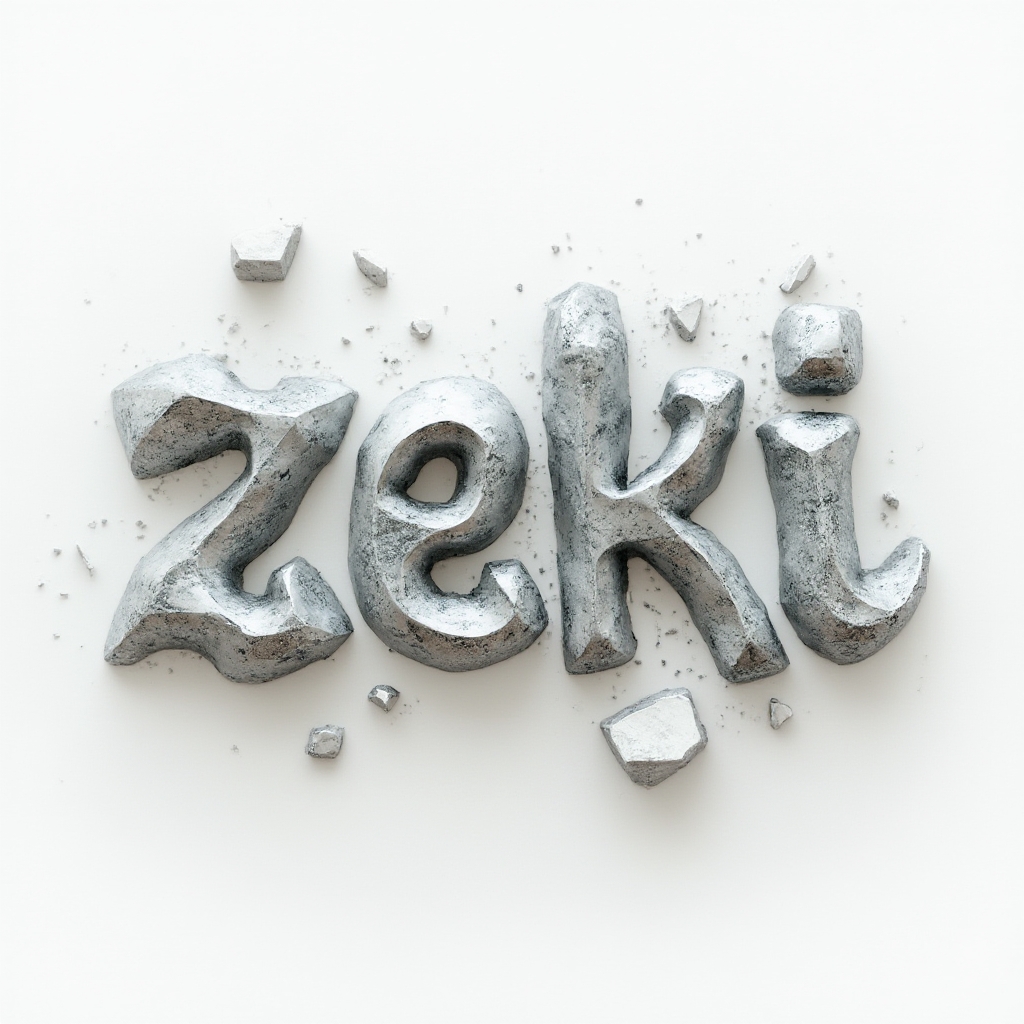 Surreal tattoo concept where the name zeki is formed by floating chrome and stone letter-shapes on a white background.