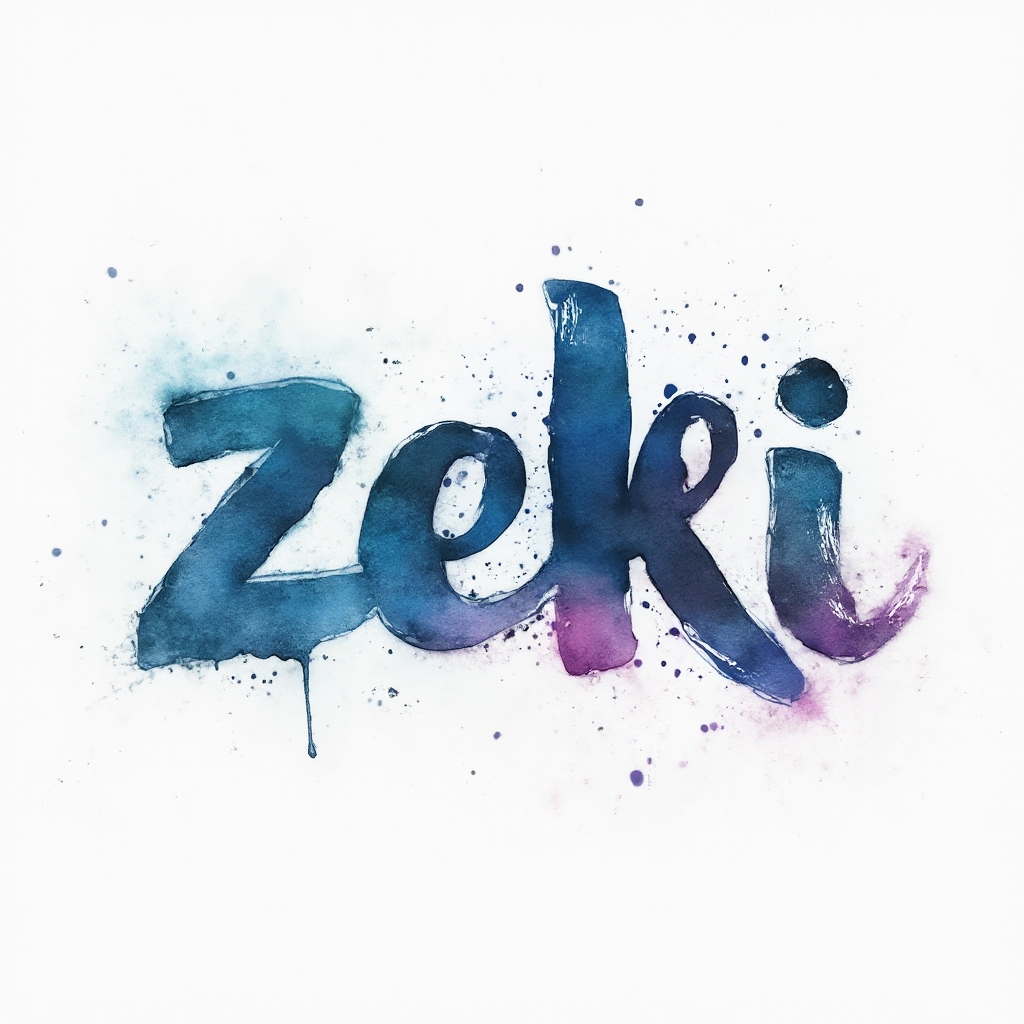 Watercolor-style tattoo concept where the name zeki is formed by colorful brushstroke lettering on a white background.