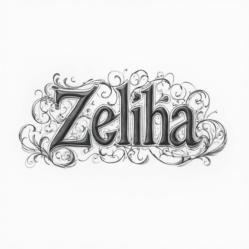 Ornamental line art tattoo concept where the name Zeliha is formed from intricate flowing filigree letters on white background.