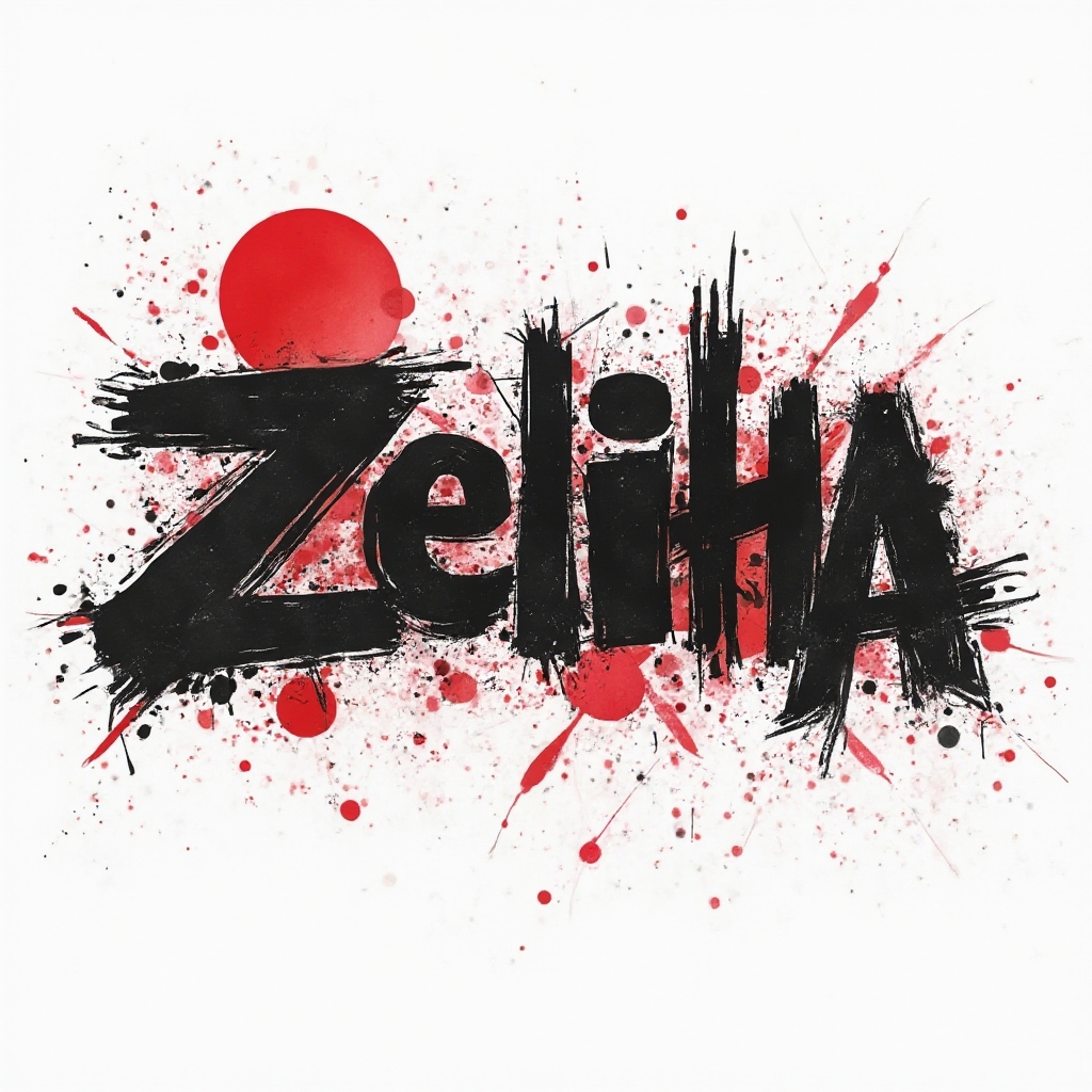 Trash Polka style tattoo concept where the name Zeliha is built from bold black strokes and red splashes on white background.