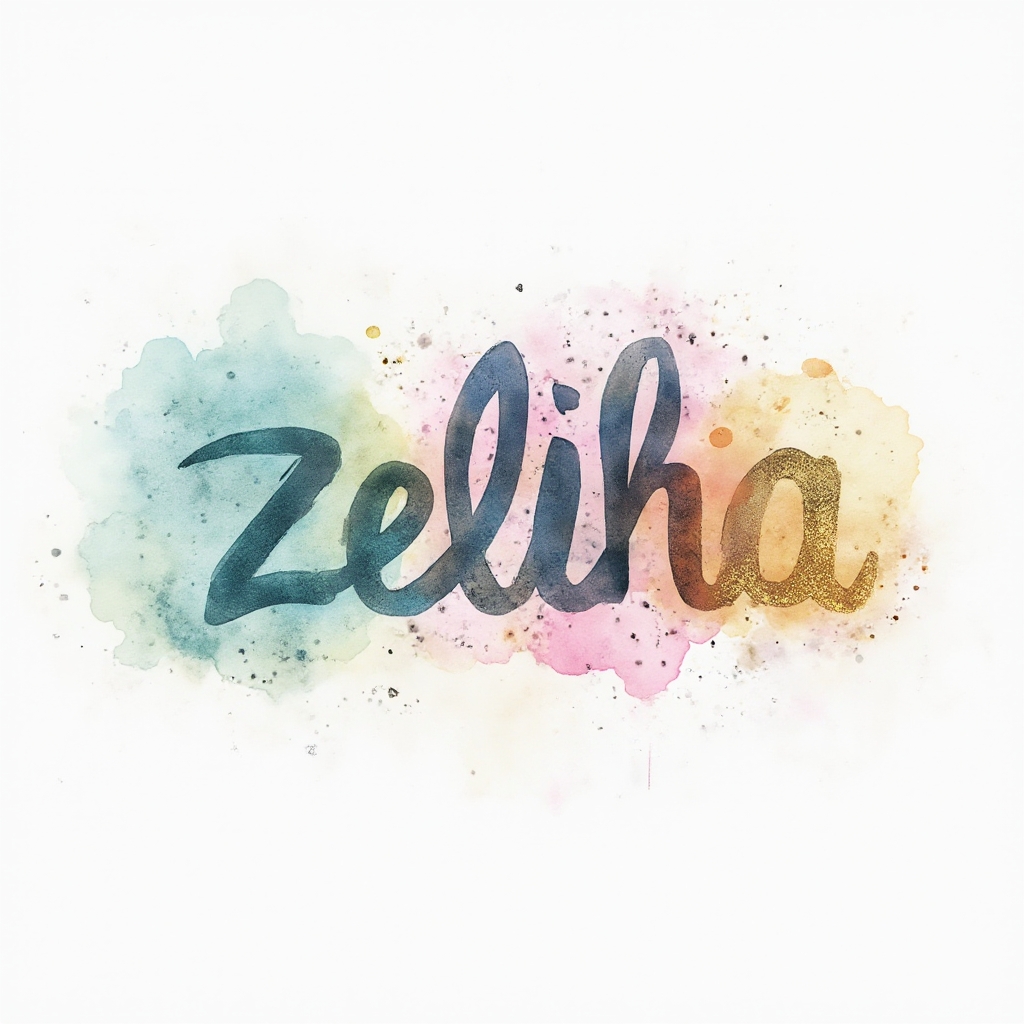 Watercolor tattoo concept where the name Zeliha is painted in colorful flowing brushstroke letters on white background.