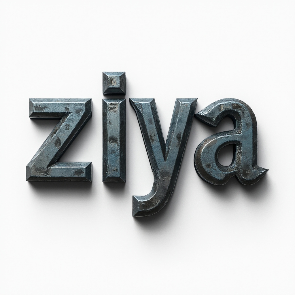 dimensional metallic tattoo concept of the name ziya in interlocking steel-like letter structures on a white background