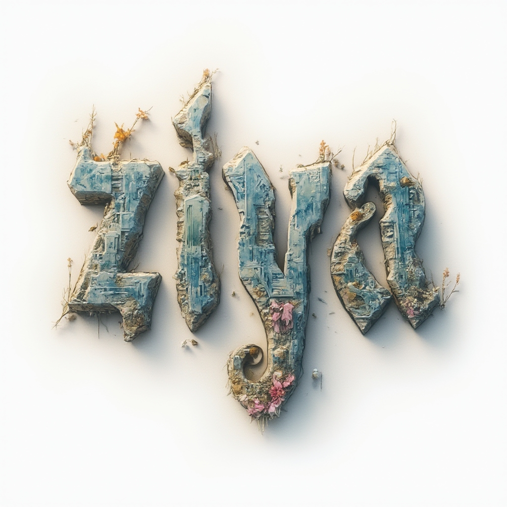 surreal tattoo concept of the name ziya formed by twisting, dreamlike letter structures on a white background