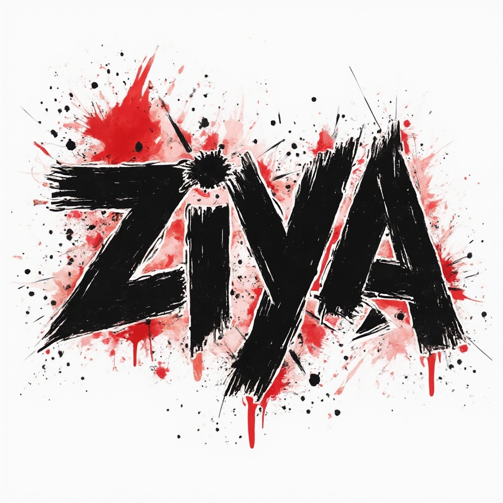 Trash Polka tattoo concept of the name ziya with fragmented black and red letterforms on white background